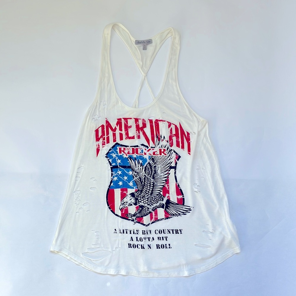 AMERICAN ROCKSTAR ROCK N ROLL DISTRESSED RACERBACK TEE